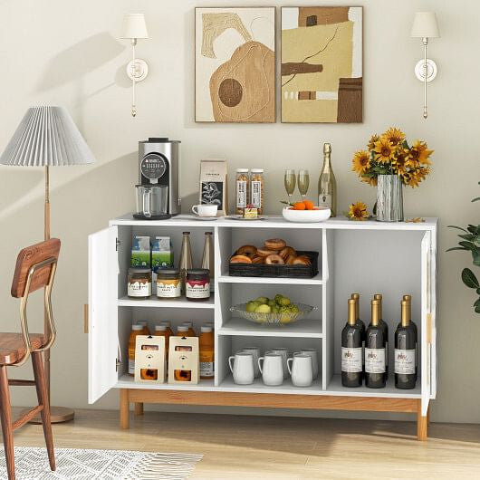 White 48-inch wooden sideboard buffet cabinet featuring two woven bamboo doors and open storage shelves — view 2