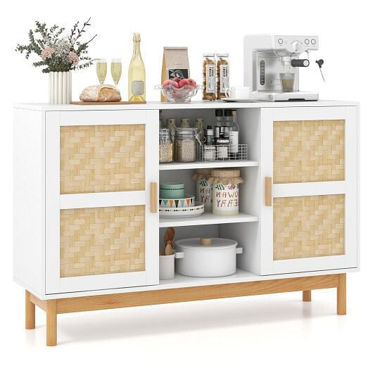 White 48-inch wooden sideboard buffet cabinet featuring two woven bamboo doors and open storage shelves — view 3