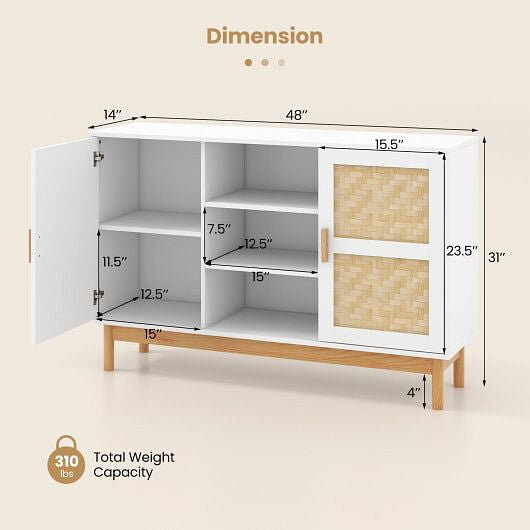 White 48-inch wooden sideboard buffet cabinet featuring two woven bamboo doors and open storage shelves — view 4