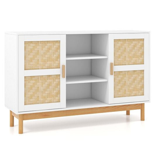 White 48-inch wooden sideboard buffet cabinet featuring two woven bamboo doors and open storage shelves — view 5