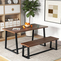 Rustic acacia wood dining bench with black metal frame and adjustable footpads for indoor seating.