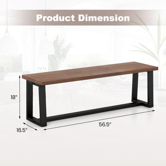 Rustic acacia wood dining bench with black metal frame and adjustable footpads for indoor seating. — view 3