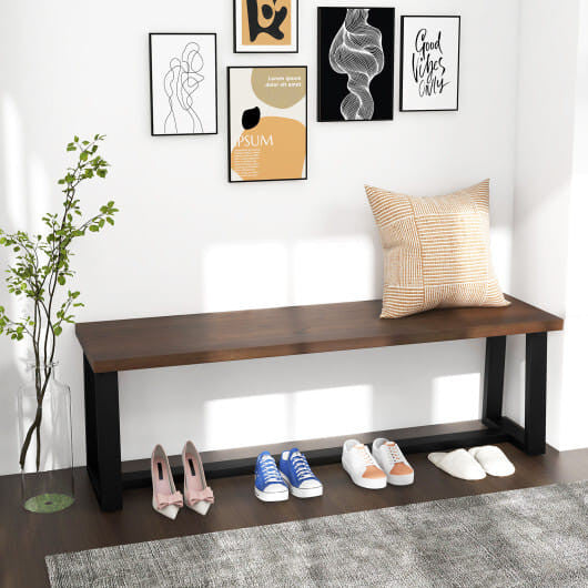 Rustic acacia wood dining bench with black metal frame and adjustable footpads for indoor seating. — view 4