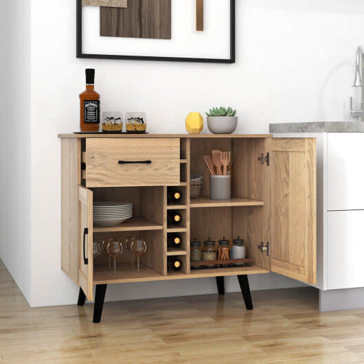 Modern wood grain buffet sideboard featuring a built-in wine rack and tapered metal legs