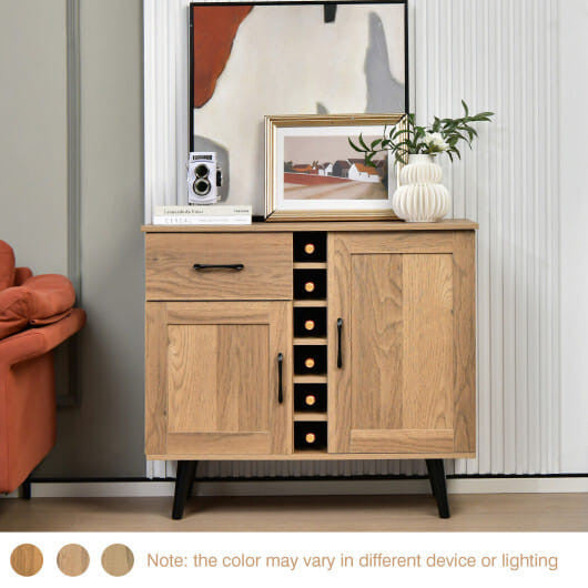 Modern wood grain buffet sideboard featuring a built-in wine rack and tapered metal legs — view 2