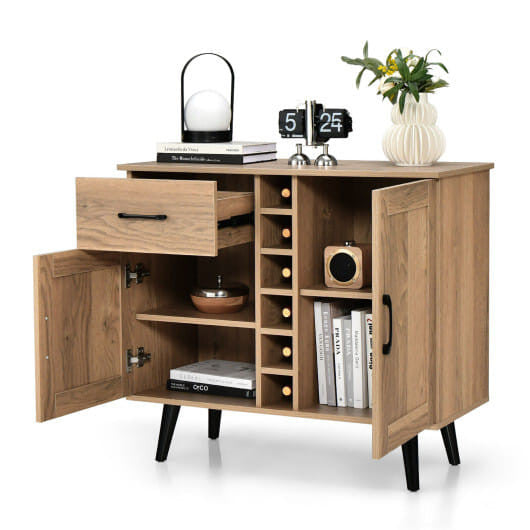 Modern wood grain buffet sideboard featuring a built-in wine rack and tapered metal legs — view 3