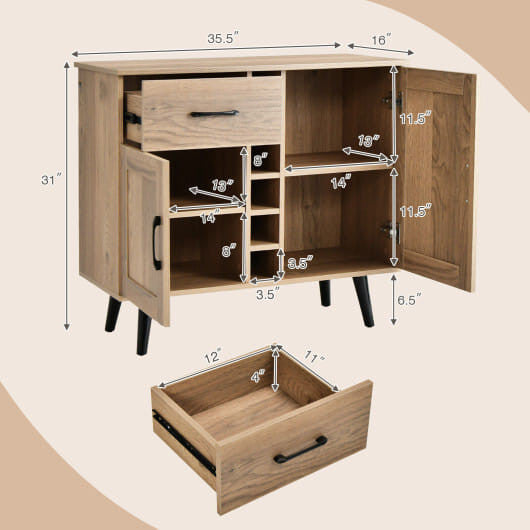 Modern wood grain buffet sideboard featuring a built-in wine rack and tapered metal legs — view 4