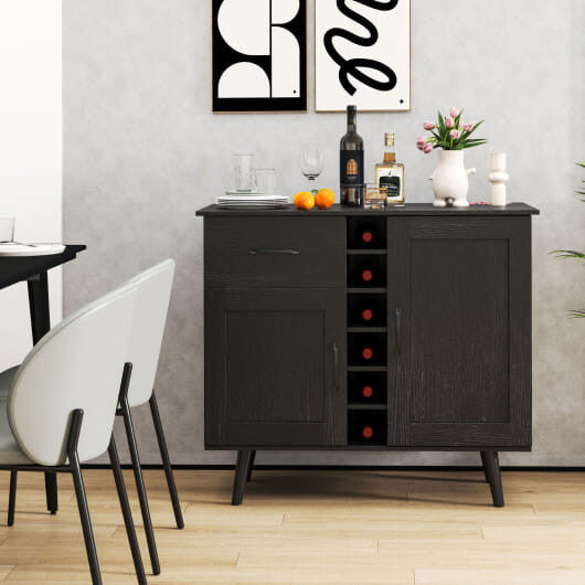 Modern wood grain buffet sideboard featuring a built-in wine rack and tapered metal legs — view 5