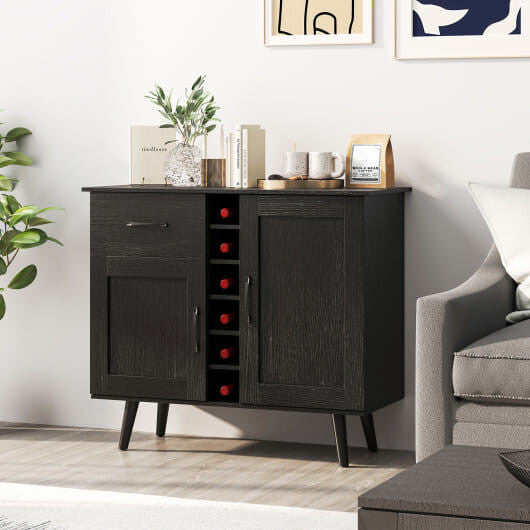 Modern wood grain buffet sideboard featuring a built-in wine rack and tapered metal legs — view 6