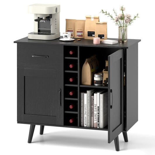 Modern wood grain buffet sideboard featuring a built-in wine rack and tapered metal legs — view 7