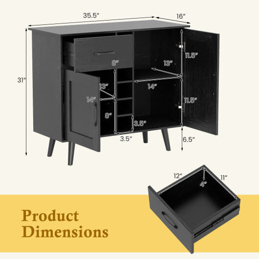 Modern wood grain buffet sideboard featuring a built-in wine rack and tapered metal legs — view 8