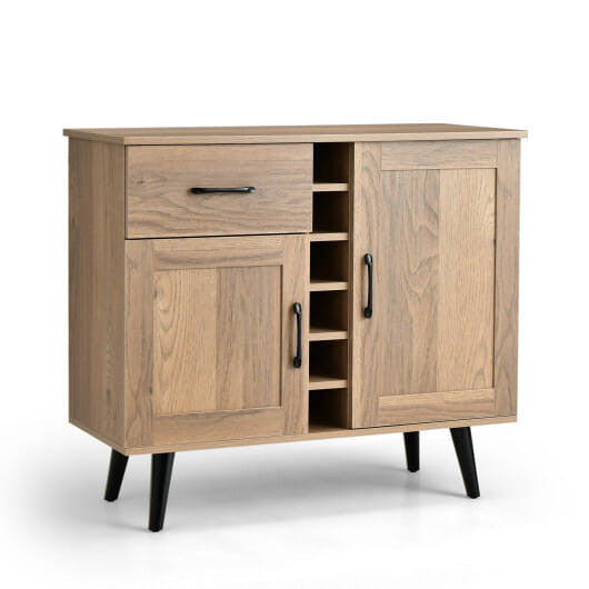 Modern wood grain buffet sideboard featuring a built-in wine rack and tapered metal legs — view 9