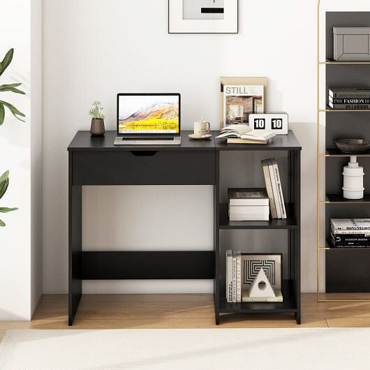 Black space-saving lift-top computer desk with hidden storage compartment and open side shelves