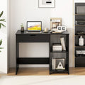 Black space-saving lift-top computer desk with hidden storage compartment and open side shelves