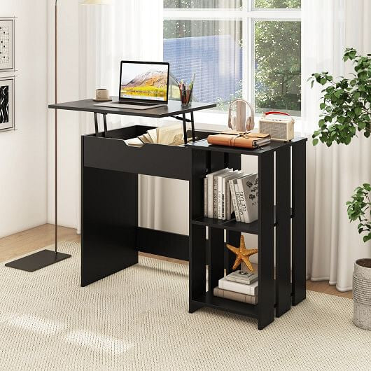 Black space-saving lift-top computer desk with hidden storage compartment and open side shelves — view 2