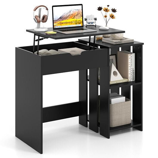 Black space-saving lift-top computer desk with hidden storage compartment and open side shelves — view 3