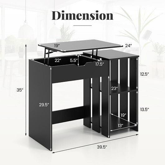 Black space-saving lift-top computer desk with hidden storage compartment and open side shelves — view 4