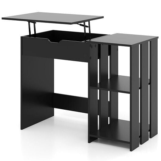 Black space-saving lift-top computer desk with hidden storage compartment and open side shelves — view 5
