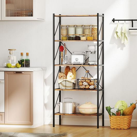 Rustic brown 5-tier bookshelf with heavy duty black metal frame and open display shelves — view 7