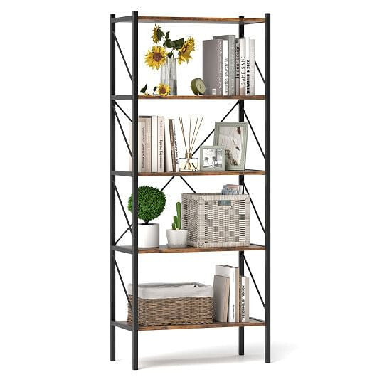 Rustic brown 5-tier bookshelf with heavy duty black metal frame and open display shelves