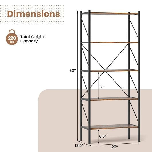 Rustic brown 5-tier bookshelf with heavy duty black metal frame and open display shelves — view 2
