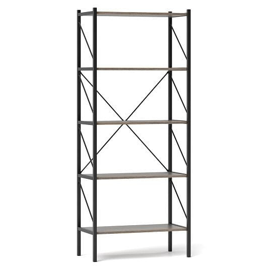 Rustic brown 5-tier bookshelf with heavy duty black metal frame and open display shelves — view 3
