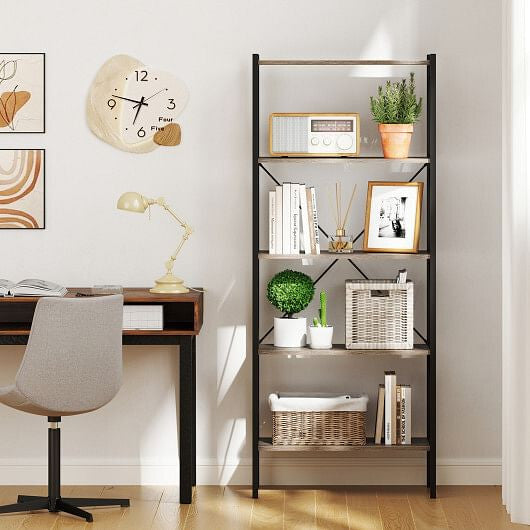 Rustic brown 5-tier bookshelf with heavy duty black metal frame and open display shelves — view 4