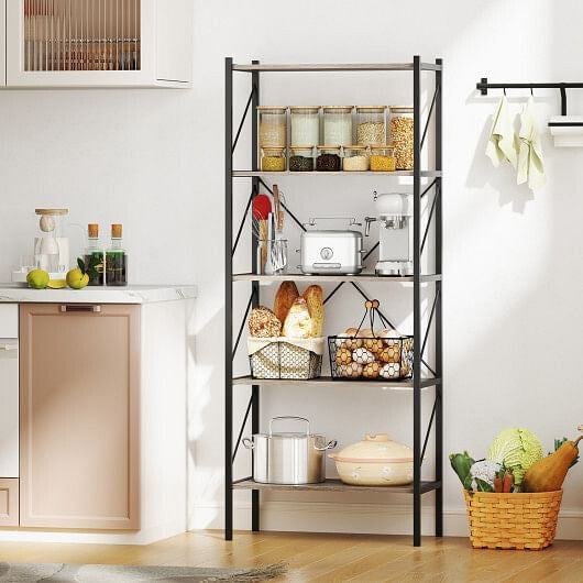 Rustic brown 5-tier bookshelf with heavy duty black metal frame and open display shelves — view 5