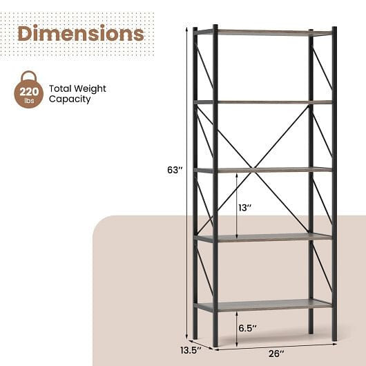 Rustic brown 5-tier bookshelf with heavy duty black metal frame and open display shelves — view 6