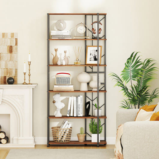 Rustic 6-tier geometric bookshelf with heavy-duty metal frame and twig-shaped wood finish shelves.