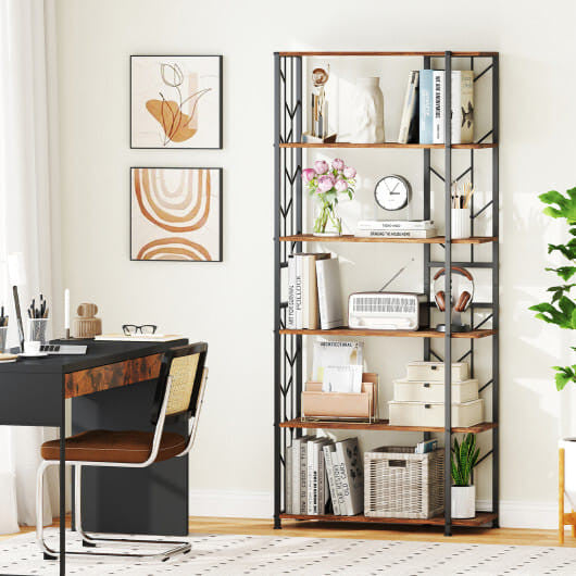 Rustic 6-tier geometric bookshelf with heavy-duty metal frame and twig-shaped wood finish shelves. — view 2
