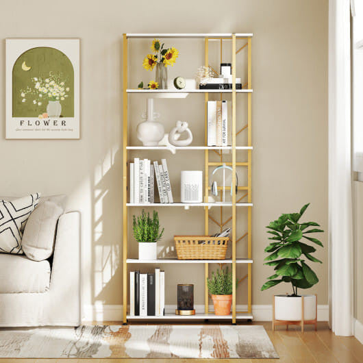 Rustic 6-tier geometric bookshelf with heavy-duty metal frame and twig-shaped wood finish shelves. — view 6