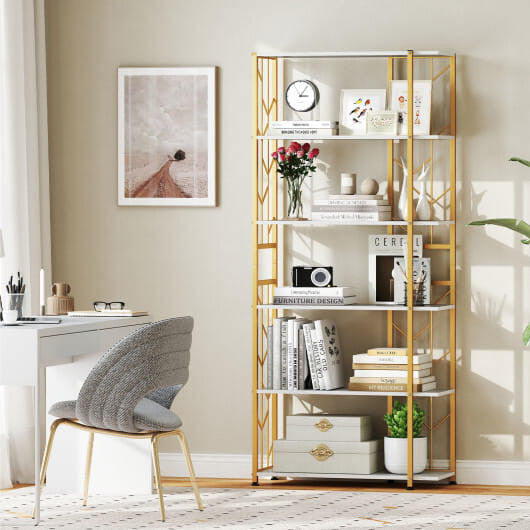 Rustic 6-tier geometric bookshelf with heavy-duty metal frame and twig-shaped wood finish shelves. — view 7