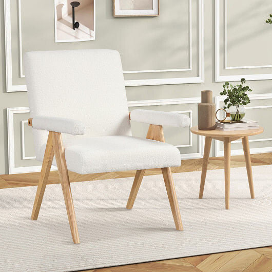 White Sherpa mid century modern accent chair with solid rubber wood frame and padded armrests — view 2