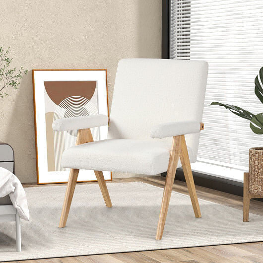 White Sherpa mid century modern accent chair with solid rubber wood frame and padded armrests — view 4