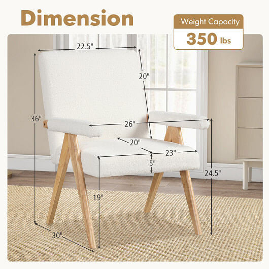 White Sherpa mid century modern accent chair with solid rubber wood frame and padded armrests — view 5