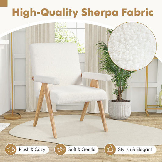 White Sherpa mid century modern accent chair with solid rubber wood frame and padded armrests — view 3