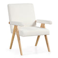 White Sherpa mid century modern accent chair with solid rubber wood frame and padded armrests