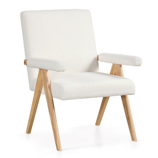 White Sherpa mid century modern accent chair with solid rubber wood frame and padded armrests