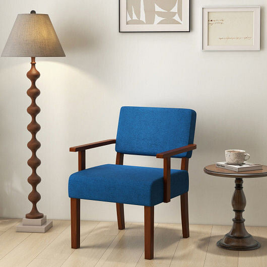 Blue linen accent chair with solid rubber wood frame and padded ergonomic seat cushion — view 3
