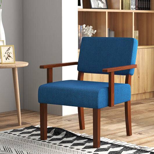 Blue linen accent chair with solid rubber wood frame and padded ergonomic seat cushion — view 5