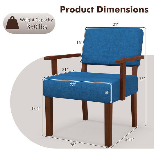 Blue linen accent chair with solid rubber wood frame and padded ergonomic seat cushion — view 6