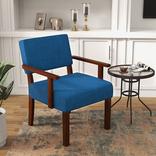 Blue linen accent chair with solid rubber wood frame and padded ergonomic seat cushion — view 4