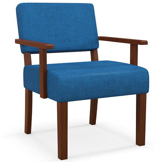 Blue linen accent chair with solid rubber wood frame and padded ergonomic seat cushion