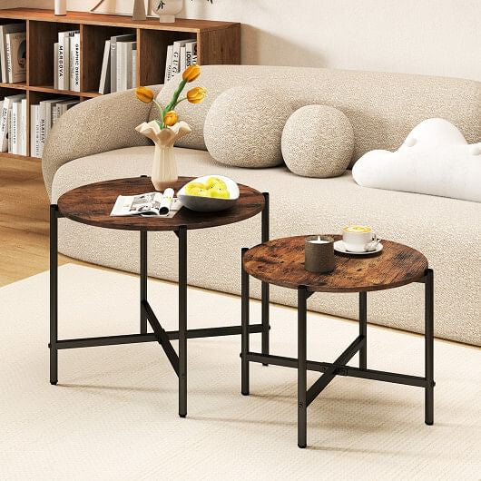 Rustic brown round nesting coffee table set of two with heavy duty black metal frames