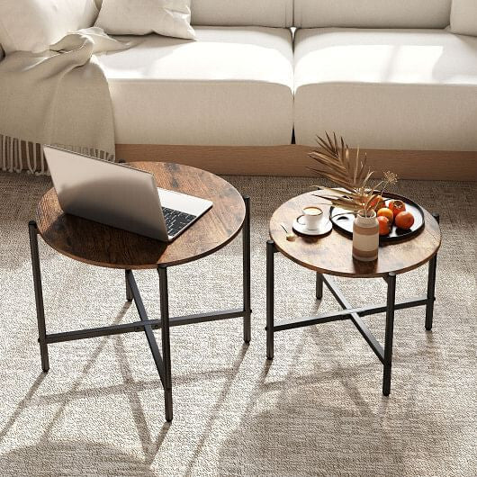 Rustic brown round nesting coffee table set of two with heavy duty black metal frames — view 2