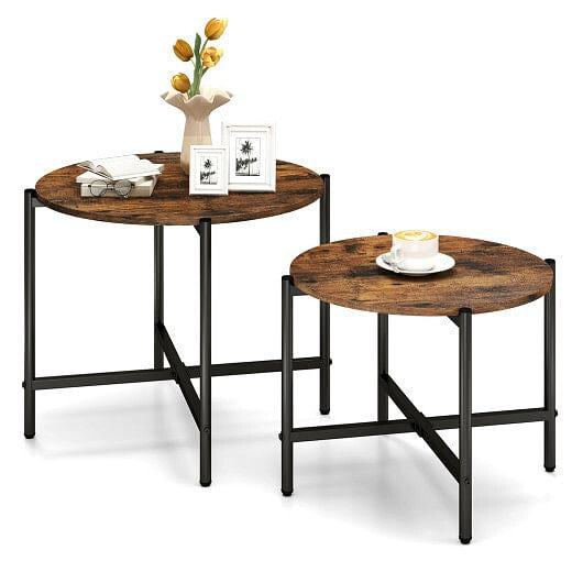 Rustic brown round nesting coffee table set of two with heavy duty black metal frames — view 3