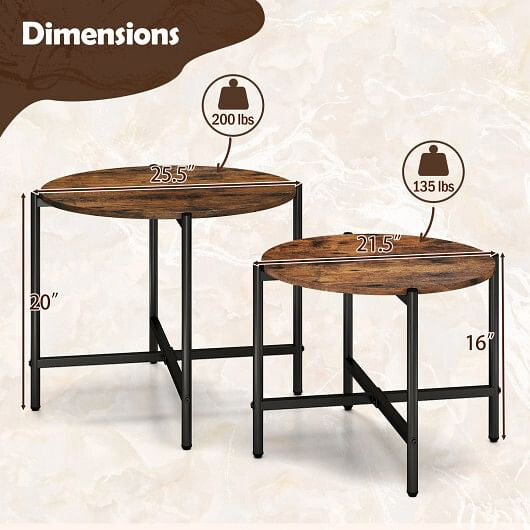 Rustic brown round nesting coffee table set of two with heavy duty black metal frames — view 4