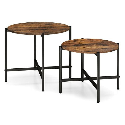 Rustic brown round nesting coffee table set of two with heavy duty black metal frames — view 5