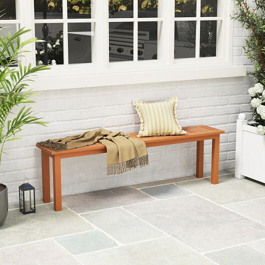 59-inch wooden outdoor patio bench with teak oil finish and slatted backless seat design — view 4